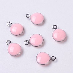 Pink Stainless Steel Enamel Charms, Enamelled Sequins, Flat Round, Pink, 11x8x3mm, Hole: 1mm
