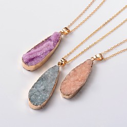 Natural Agate Natural Drusy Agate Teardrop Pendant Necklaces, with Brass Chains and Spring Ring Clasps, 18 inch