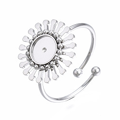 Stainless Steel Color 304 Stainless Steel Open Cuff Finger Ring Cabochon Settings, Flower, Stainless Steel Color, US Size 9(18.9mm), Tray: 6mm