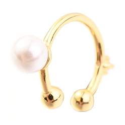 Golden 925 Sterling Silver Cuff Earrings, with Cubic Zirconia and Shell Pearl Round Beads, with S925 Stamp, White, Golden, 10.5x16x4mm