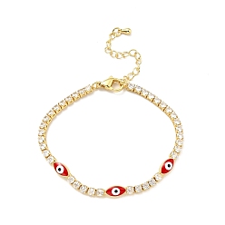 Red Enamel Horse Eye Link Bracelet with Clear Cubic Zirconia Tennis Chains, Gold Plated Brass Jewelry for Women, Cadmium Free & Lead Free, Red, 7 inch(17.7cm)