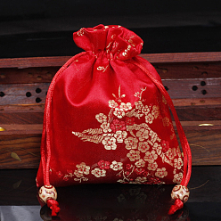 Roja Bolsas de embalaje de joyería de satén con estampado de flores de estilo chino, bolsas de regalo con cordón, Rectángulo, rojo, 14x11 cm