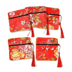 Red Chinese Style Floral Cloth Jewelry Storage Zipper Pouches, Square Jewelry Gift Case with Tassel, for Bracelets, Earrings, Rings, Random Pattern, Red, 115x115x7mm