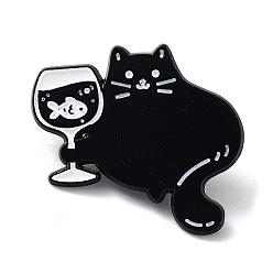 Negro Estilo de dibujos animados con alfileres de esmalte de gato con copa de pescado, Insignia de aleación negra para hombres y mujeres., negro, 28x31x1.5 mm