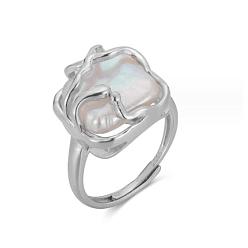 Platinum Irregular Pearl Adjustable Ring, Rhodium Plated 925 Sterling Silver Ring, Platinum, US Size 6(16.5mm)