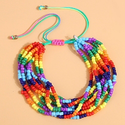 Colorful Glass Beaded Multi-strand Bracelets, Braided Bead Adjustable Bracelet, Colorful, 7-1/8~11 inch(18~28cm)