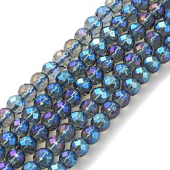 Plaqué Bleu Brins de perles de cristal de quartz synthétique galvanisées, facette, ronde, bleu plaqué, 8mm, Trou: 1mm, Environ 46~47 pcs/chapelet, 15.16''~15.35'' (38.5~39 cm)