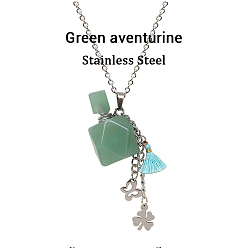 Green Aventurine Natural Green Aventurine Perfume Bottle Pendant Necklace with Staninless Steel Butterfly Flower and Tassel Charms, Essential Oil Vial Jewelry for Women, 18.11 inch(46cm)