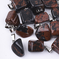 Obsidienne Acajou Acajou naturel pendentifs en obsidienne, avec cliquet en acier inoxydable, nuggets, 15~35x10~20x5~15mm, Trou: 3x7.5mm