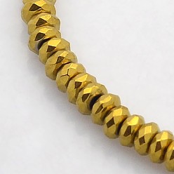 Golden Plated Electroplate Non-magnetic Synthetic Hematite Beads Strands, Faceted Rondelle, Golden Plated, 4x2mm, Hole: 1mm, about 188pcs/strand, 15.7 inch