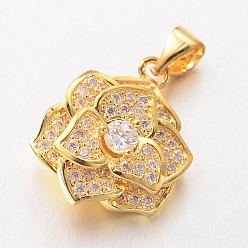 Golden Flower Brass Micro Pave Cubic Zirconia Charms, Lead Free & Nickel Free, Golden, 18x15x7mm, Hole: 3x4mm