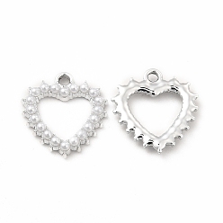 Platino Colgantes de perlas de imitación de plástico abs, con fornituras de aleación, encanto del corazón, Platino, 16.5x15.5x2 mm, agujero: 1.6 mm