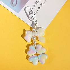 Blanc Décorations de pendentif en acrylique trèfle à nœud papillon perlé, à trouver métal, pour sac à dos, décor porte-clés, blanc, 69x39mm