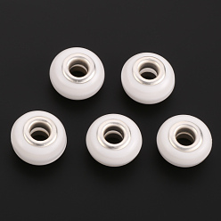 White Resin European Beads, Large Hole Beads, with Silver Plated Brass Double Cores, Stripe, Rondelle, White, 14x8~8.5mm, Hole: 5mm