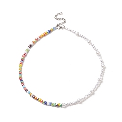 Couleur Acier Inoxydable Perle de rocaille en verre et colliers en perles d'imitation en plastique ABS pour femmes, avec 304 fermoirs inox , couleur inox, 15.12 pouce (38.4 cm)