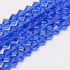 Синий Подражать австрийский хрусталь двойной конус стеклянные бусы нити, класс АА, граненые, синие, 5x5 мм, отверстие : 1 мм, около 59 шт / нитка, 11 дюйм
