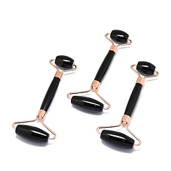 Obsidian Natural Obsidian Massage Tools, Facial Rollers, with Brass Findings, for Face, Eyes, Neck, Body Muscle Relaxing, Rose Gold, 137x39~59mm