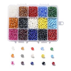 Mixed Color 375G 15 Colors Glass Seed Beads, Opaque Colors Lustered, Round, Mixed Color, 6/0, 4~5x2.5~4.5mm, Hole: 1.2~1.5mm, 25g/color