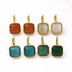 Mixed Color Ion Plating(IP) 304 Stainless Steel Leverback Earrings, Square Cat Eye Earrings for Women, Golden, Mixed Color, 24x14x14mm, Pin: 0.8mm