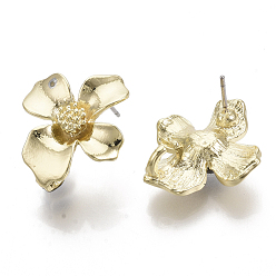 Light Gold Alloy Stud Earring Findings, with Loop and Steel Pin, Flower, Light Gold, 20x18mm, Hole: 4mm, Pin: 0.7mm