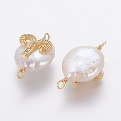 Aries Natural Pearl Links connectors, with Brass Micro Pave Cubic Zirconia Findings, Flat Round with Constellation, Golden, Clear, Aries, 20~26x9~17x5~11mm, Hole: 1.6mm