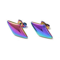Rainbow Color Ion Plating(IP) 304 Stainless Steel Stud Earring for Women, Rhombus, Rainbow Color, 17.5x9mm, Pin: 0.8mm