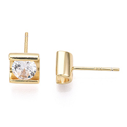 Real 18K Gold Plated 925 Sterling Silver Micro Pave Cubic Zirconia Stud Earrings, Column, Nickel Free, with S925 Stamp, Real 18K Gold Plated, 6.5x6.5mm, Pin: 0.8mm