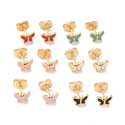 Mixed Color Enamel Butterfly Stud Earrings with 316L Surgical Stainless Steel Pins, Gold Plated 304 Stainless Steel Jewelry for Women, Mixed Color, 7.5x5.5mm, Pin: 0.7mm