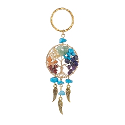 Synthetic Turquoise Synthetic Turquoise Keychain, with Iron Split Key Rings, Alloy Wing Charms and Mixed Gemstone Tree of Life Linking Rings, 11.2cm