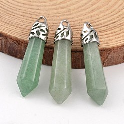 Green Aventurine Bullet Natural Green Aventurine Pendants, with Platinum Tone Alloy Findings, 33~40x8~10mm, Hole: 3x2mm