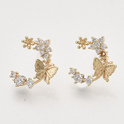 Real 18K Gold Plated Brass Micro Pave Clear Cubic Zirconia Stud Earrings, Half Hoop Earrings, Nickel Free, Flower with Butterfly, Real 18K Gold Plated, 14x13mm, Pin: 0.8mm