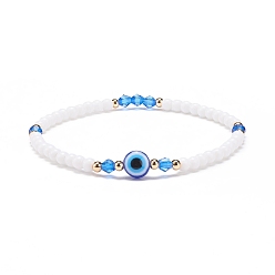 Bleu Mauvais œil en résine et bracelet extensible en perles acryliques pour femme, bleu, diamètre intérieur: 2-1/8 pouce (5.5 cm)