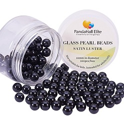 Noir Nacré perle de verre perles rondes, teint, noir, 10mm, trou: 1.2~1.5 mm, environ 100 / boîte