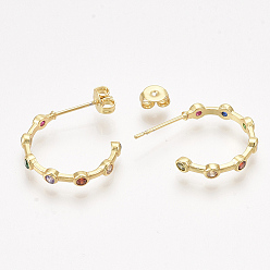 Golden Brass Cubic Zirconia Stud Earrings, Half Hoop Earrings, with Ear Nuts, Colorful, Golden, 18x3mm, Pin: 0.8mm