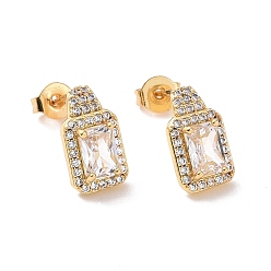 Clear Cubic Zirconia Rectangle Stud Earrings, Real 18K Gold Plated Brass Jewelry for Women, Cadmium Free & Nickel Free & Lead Free, Clear, 16x7x4mm, Pin: 0.6mm