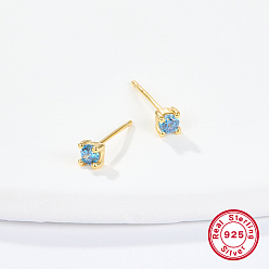 Sky Blue Golden Sterling Silver Micro Pave Cubic Zirconia Stud Earring, Square, Sky Blue, 4x4mm
