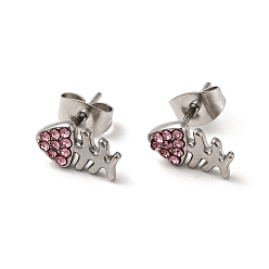 Light Rose Rhinestone Fishbone Stud Earrings with 316 Surgical Stainless Steel Pins, Stainless Steel Color Plated 304 Stainless Steel Jewelry for Women, Light Rose, 10.5x6mm, Pin: 0.7mm