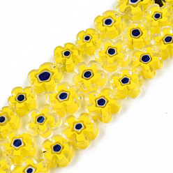 Yellow Handmade Millefiori Glass Bead Strands, Plum Bossom, Yellow, 9.5~12x9.5~12.5x4~4.5mm, Hole: 1.5mm, about 39pcs/strand, 15.94 inch~16.14 inch(40.5~41cm)