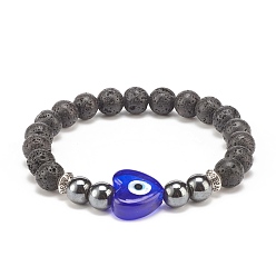 Blue Natural Lava Rock & Synthetic Hematite Stretch Bracelet, Lampwork Heart with Evil Eye Beads Bracelet for Women, Blue, Inner Diameter: 2-1/8 inch(5.4cm)