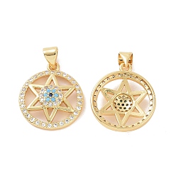 Golden Brass Micro Pave Cubic Zirconia Pendants, Flat Round with Star of David & Evil Eye Charm, Golden, 25x18x4.5mm, Hole: 5x3mm
