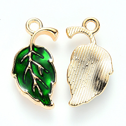Green Alloy Enamel Pendants, Leaf, Light Gold, Green, 20x10x2mm, Hole: 1.6mm