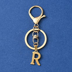 Letter R 304 Stainless Steel Initial Letter Charm Keychains, with Alloy Clasp, Golden, Letter R, 8.5cm