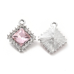 Pink Colgantes de cristal de aleación, encanto de rombo de diamantes de imitación de cristal, Platino, rosa, 19.5x16.5x6 mm, agujero: 2 mm