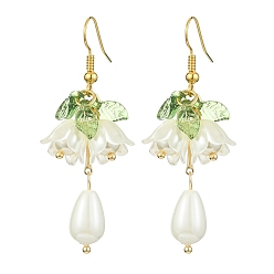 White Natural Pearl & Acrylic Flower Dangle Earrings, Alloy Earrings, White, 50~54x20mm
