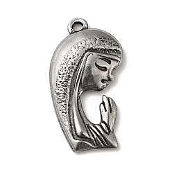 Argent Antique Style tibétain 304 pendentifs en acier inoxydable, charmes de prière féminins, argent antique, 25x13.5x2.5mm, Trou: 1.6mm