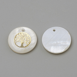 Golden Freshwater Shell Pendants, Flat Round & Tree, Golden, 16x3.5~4mm, Hole: 1.2mm