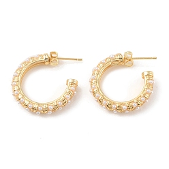 Real 18K Gold Plated Plastic Pearl Beaded Ring Stud Earrings, Rack Plating Brass Half Hoop Earrings for Women, Cadmium Free & Lead Free, Real 18K Gold Plated, 25x23.5x3.5mm, Pin: 0.8mm