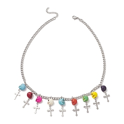 Colorful Dyed Synthetic Turquoise Skull with Cross Bib Necklace, 304 Stainless Steel Jewelry for Halloween, Colorful, 17.52 inch(44.5cm)
