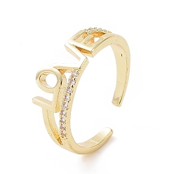 Oro Anillo de puño abierto con palabra amor de circonita cúbica transparente, joyas de latón para el día de san valentín, dorado, diámetro interior: 16 mm