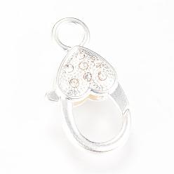 Silver Alloy Rhinestone Lobster Claw Clasps, Heart, Silver Color Plated, 26.5~27x14x6.5mm, Hole: 4mm